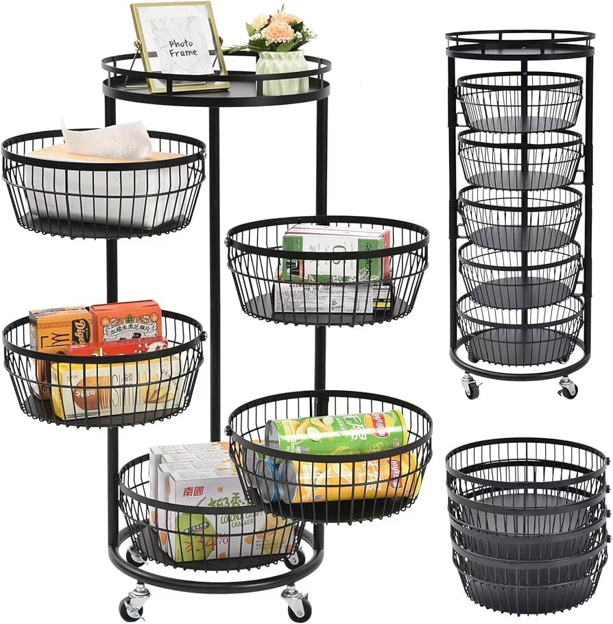 EZPEAKS 6-Tier Steel Kitchen Storage Tower Circle Basket Shelves Organizer on Rolling Wheels with... | Amazon (US)
