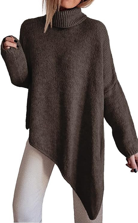 BTFBM Women Long Sleeve Turtleneck Knit Sweater Asymmetric Hem Oversized Fall Winter Sweaters Cas... | Amazon (US)
