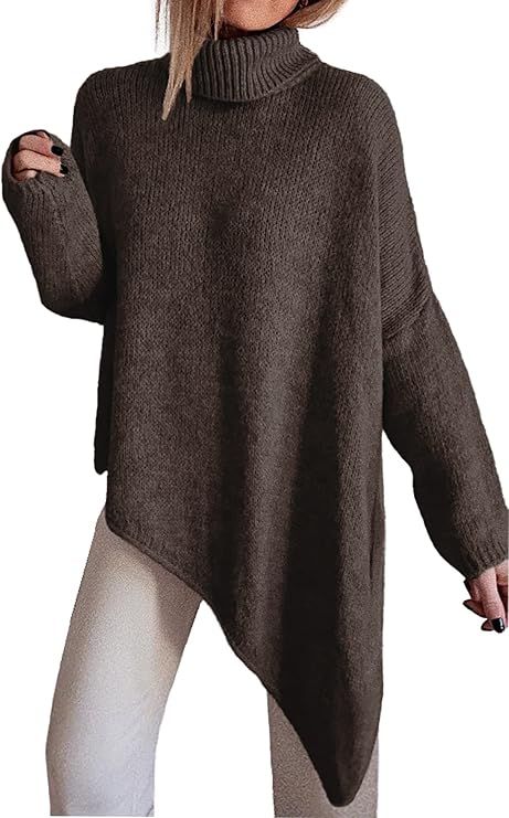 BTFBM Women Long Sleeve Turtleneck Knit Sweater Asymmetric Hem Oversized Fall Winter Sweaters Cas... | Amazon (US)