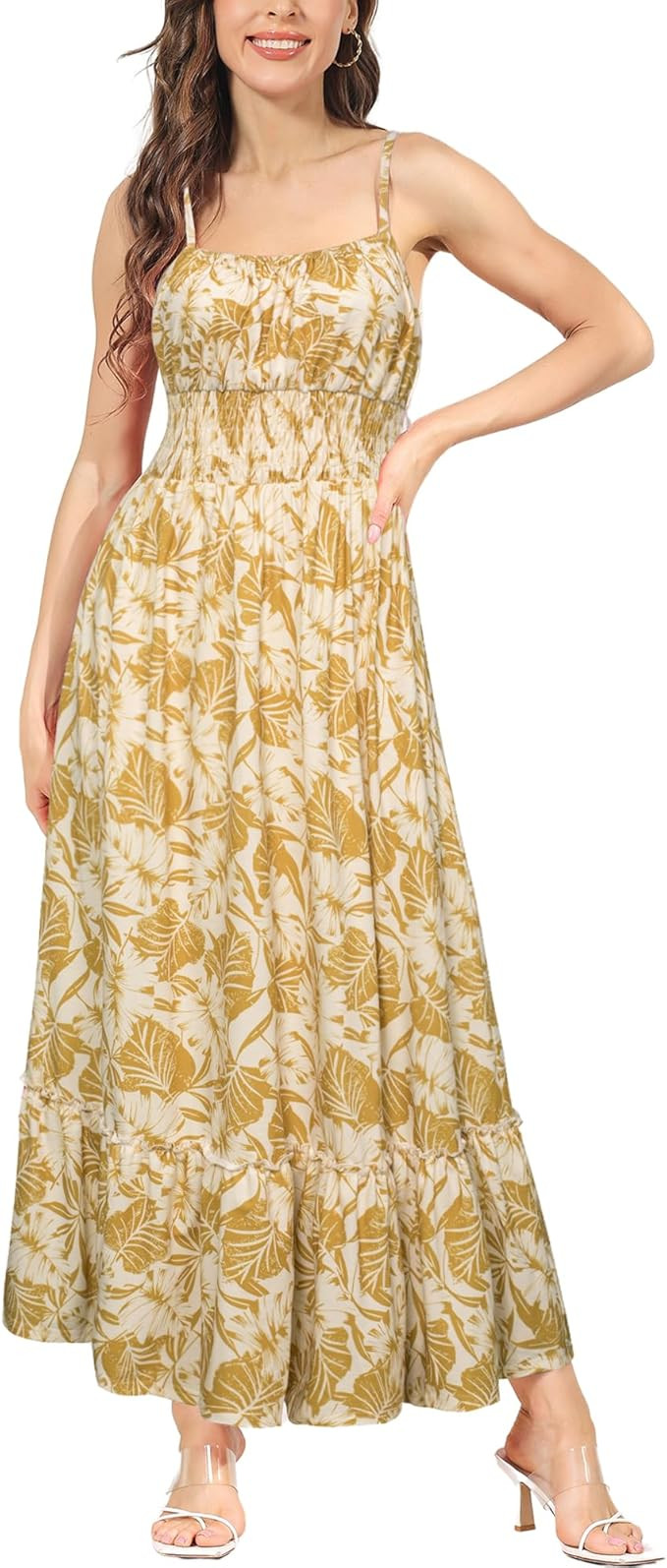 GRACE KARIN Womens 2024 Summer Maxi Dress Casual Sleeveless Spaghetti Strap Smocked Ruffle Beach ... | Amazon (US)