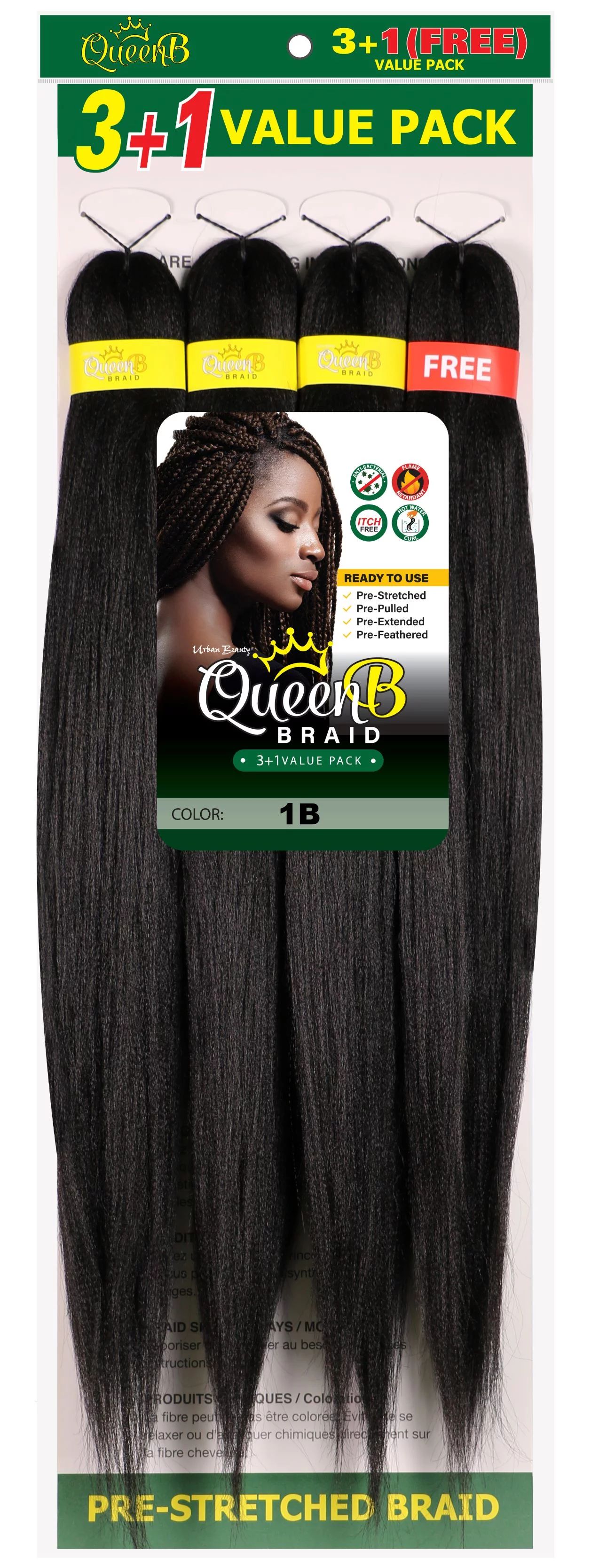 Urban Beauty Queen B Pre-Stretched Braiding Hair 4X Pack, 50 inch, #1B, Adult, Female | Walmart (US)