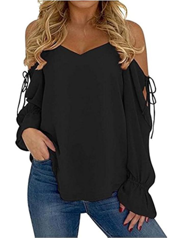 DearQ Women's Sexy Solid Spaghetti Cold Shoulder T-Shirt Blouse Semi Sheer Long Sleeve Shirt Tops | Amazon (US)