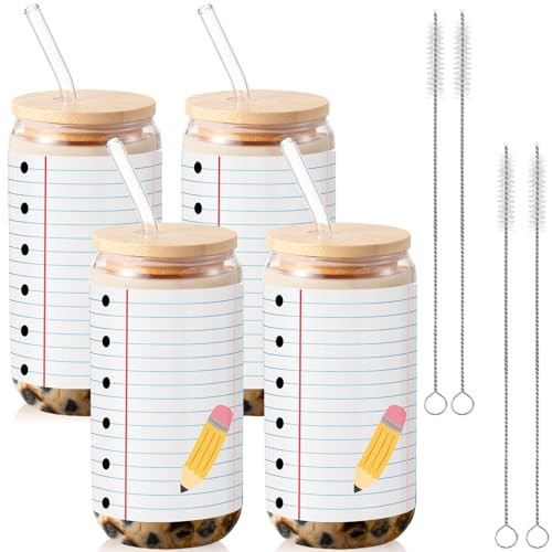 Baderke 4 Set Teacher Gifts Glass Cups 16 oz Drinking Tumbler with Lids and Straws Coffee Cups Bulk End of the Year Thank You Gifts for Women(Notebook Line and Pencil,Blue) | Amazon (US)
