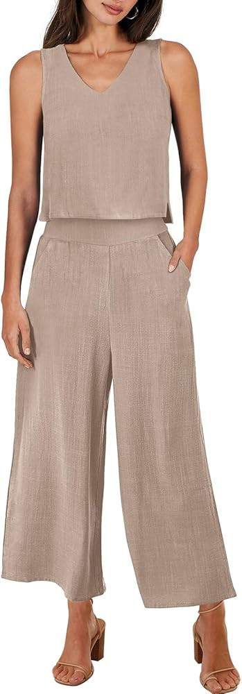 ANRABESS Women's 2 Piece Outfits Summer Sleeveless Tank Crop Button Back Top Wide Leg Pants Loung... | Amazon (US)