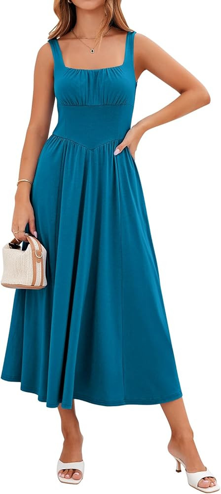 Womens Casual Summer Dress with Pockets | Sleeveless Square Neck Flowy A-Line Midi Sundress for B... | Amazon (US)