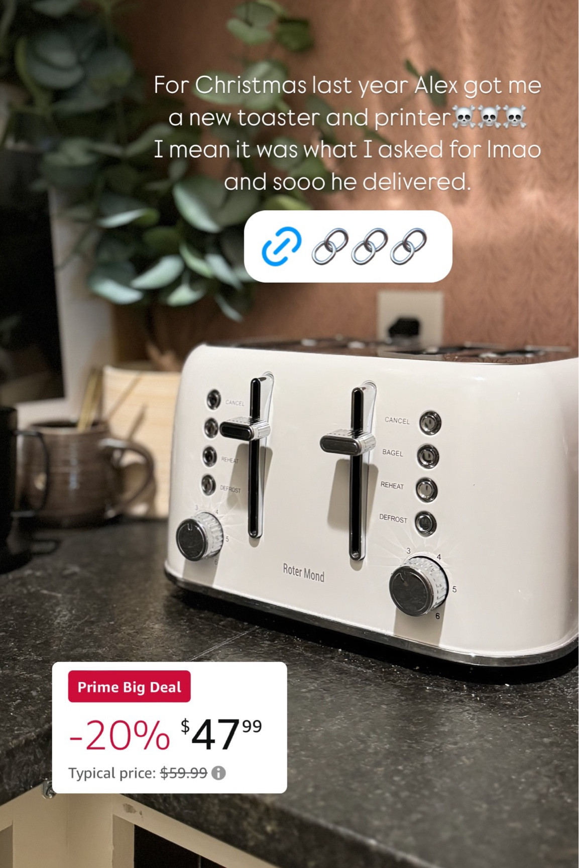 For Christmas last year Alex got me a new toaster and printer☠️☠️☠️ 
I mean it was what I asked for lmao and sooo he delivered.