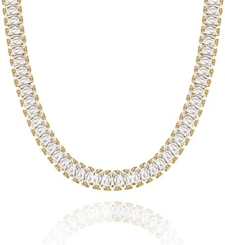 KissYan Diamond Tennis Necklace for Women, 14K/White Gold Plated Cubic Zirconia Baguette Tennis C... | Amazon (US)