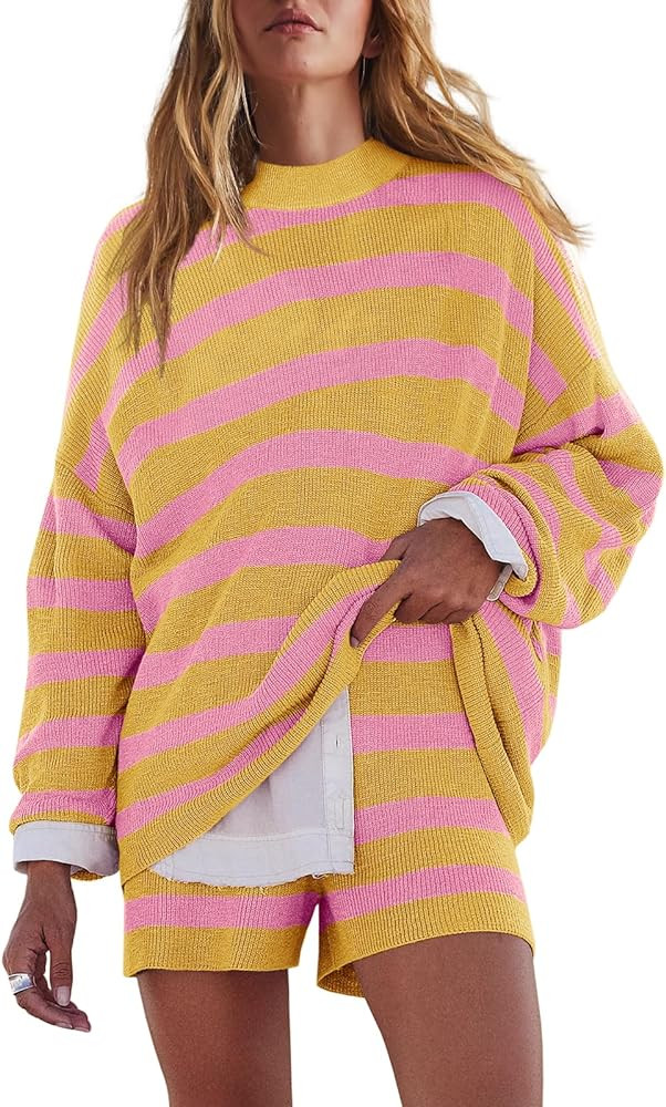 LAMISSCHE Womens Oversized Lounge Sets 2 Piece Outfits Striped Matching Pajama Set Long Sleeve Sw... | Amazon (US)