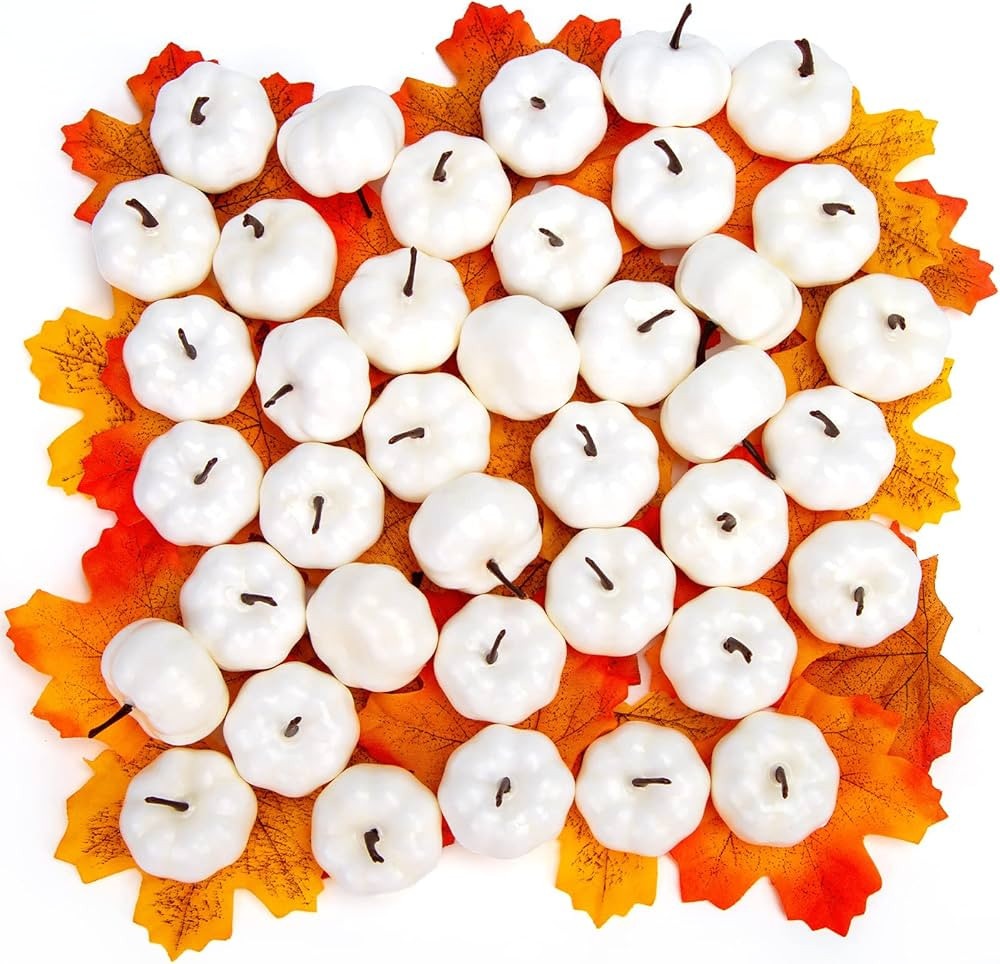 HAKACC 40 PCS White Artificial Pumpkins, Fake Mini Pumpkins with Maple Leaves for DIY Crafts, Hal... | Amazon (US)