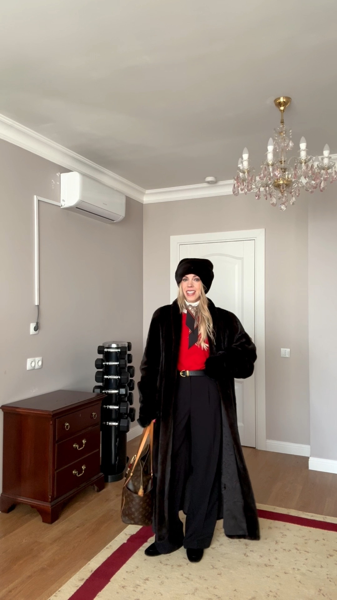 Work wear look of the day, office style, GRWM, office OOTD, holiday workwear, red sweater, Gucci silk scarf, black trousers, velvet loafers, vintage fur coat

#LTKWorkwear #LTKFindsUnder100 #LTKHoliday