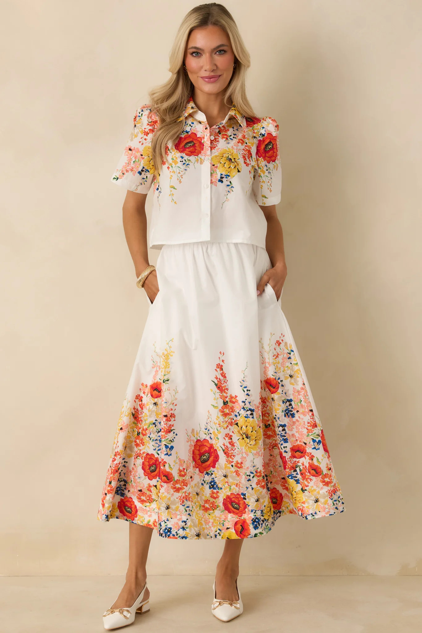 Tomorrow Will Come White Multi Cotton Floral Top | Red Dress