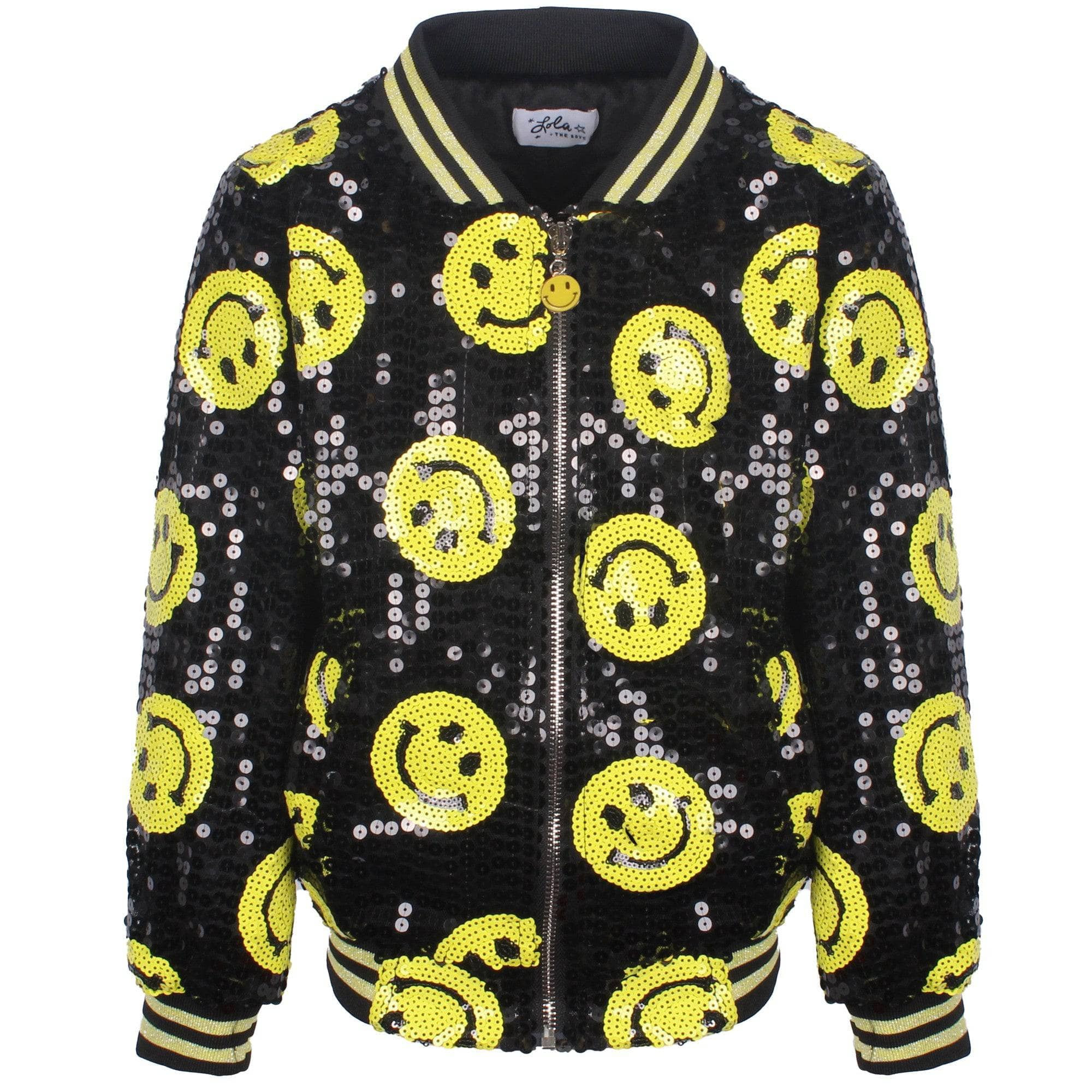 Don't Worry Be Happy Black Sequin Bomber | Lola + The Boys