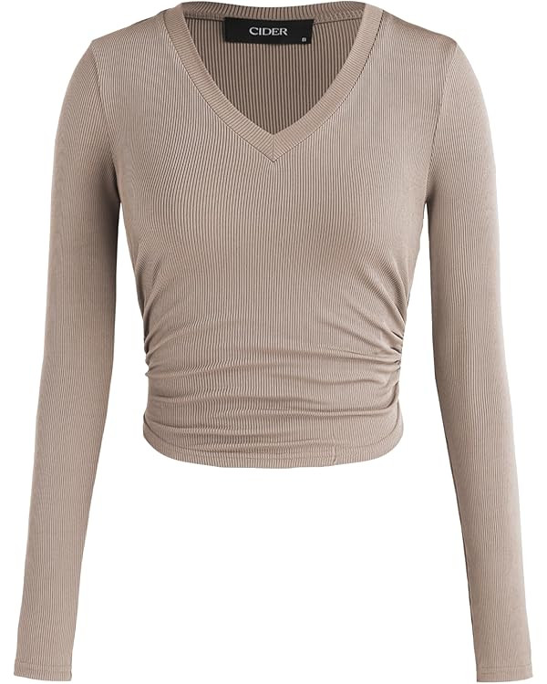 CIDER Women's Long Sleeve Tops V Neck Ruched Crop Top Solid Rib Shirts Basic Tee for Spring Fall | Amazon (US)