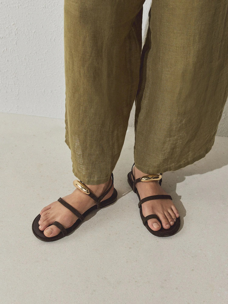Chocolate Brown Suede N. Premium Hardware Toe Loop Sandals | Next US