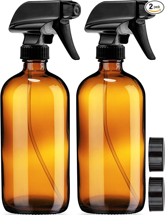 Empty Amber Glass Spray Bottles with Labels (2 Pack) - 16oz Refillable Container for Essential Oi... | Amazon (US)