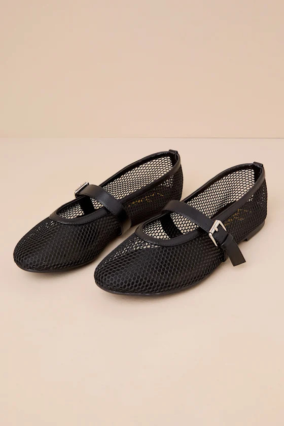 Kallista Black Mesh Buckle Ballet Flats | Lulus