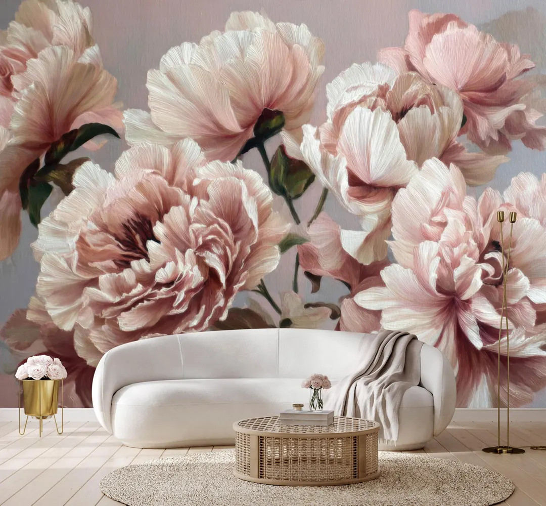 Blush Peony Wall Mural, Large Pink Floral Peel and Stick or Traditional Wallpaper | Etsy (US)