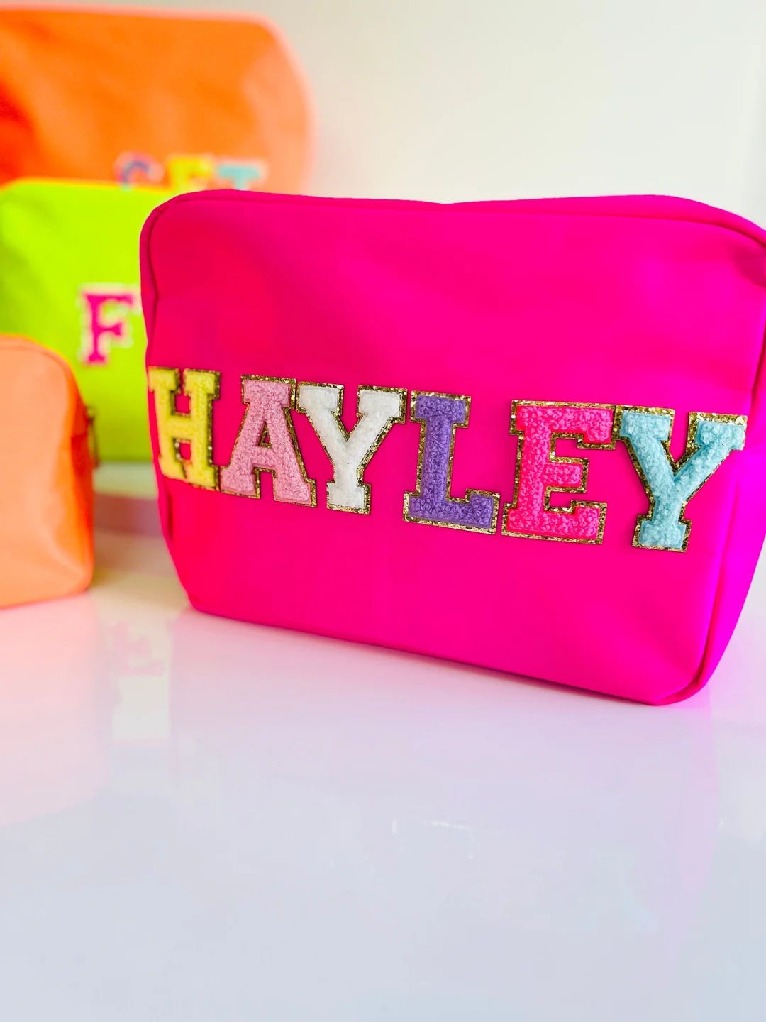 Neon initial cosmetic bag custom pouch custom cosmetic bag initial pouch beach pouch neon pink bag c | Etsy (US)
