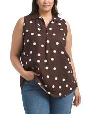 Plus Linen Blend Polka Dot Top With Pockets | TJ Maxx