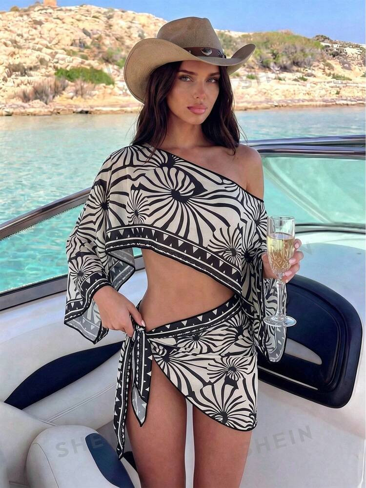 Swim Vcay 2pcs Black & White Floral Print Long Sleeve Swimsuit Cover Up Set,Beige,Summer,Boho,Boa... | SHEIN