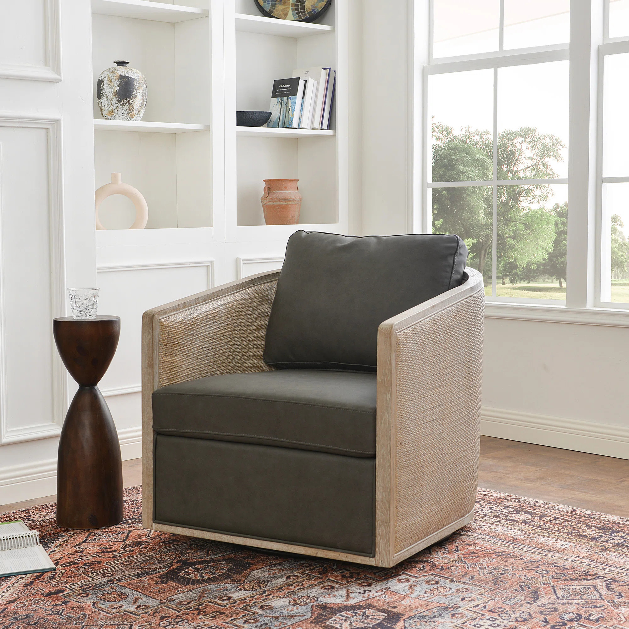 Genuine Leather Oak Wood Cane Swivel Barrel Chair | Wayfair North America