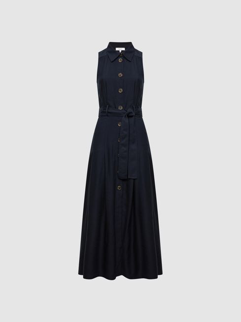 Reiss Navy Milena Button Front Midi Dress | Reiss UK