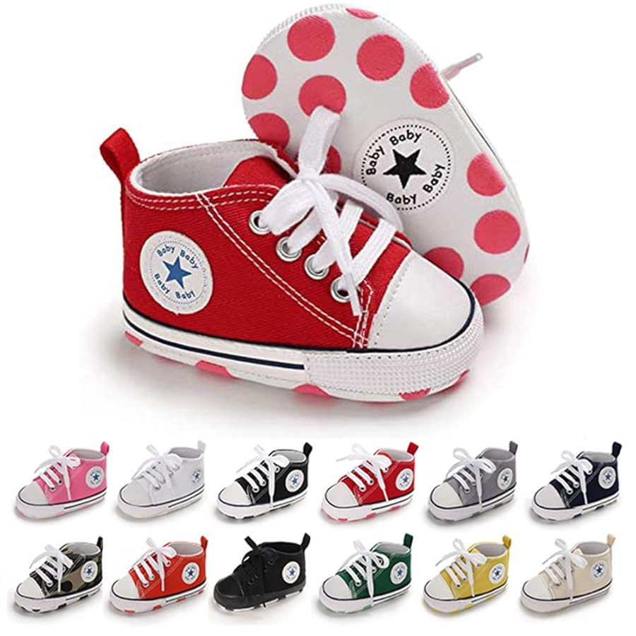 Unisex Baby Soft Sole Sneakers, Canvas Denim High Top, Newborn Infant First Walkers | Amazon (US)