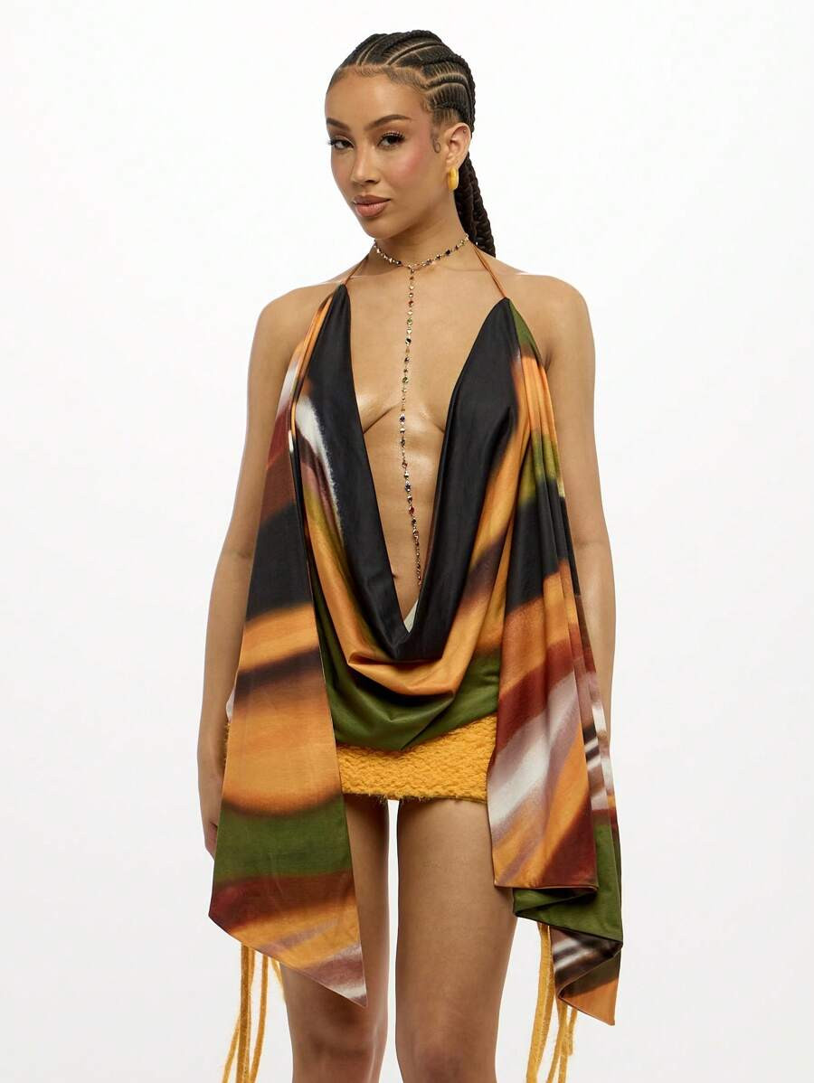 SUMWON WOMEN Halter Neck Cowl Draped Evening Top Festival Party Club Wear Backless Summer Metalli... | SHEIN