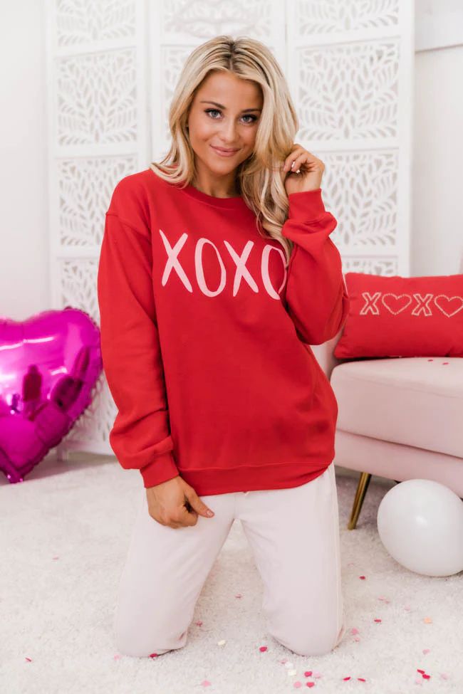 XOXO Brush Red Graphic Sweatshirt | The Pink Lily Boutique