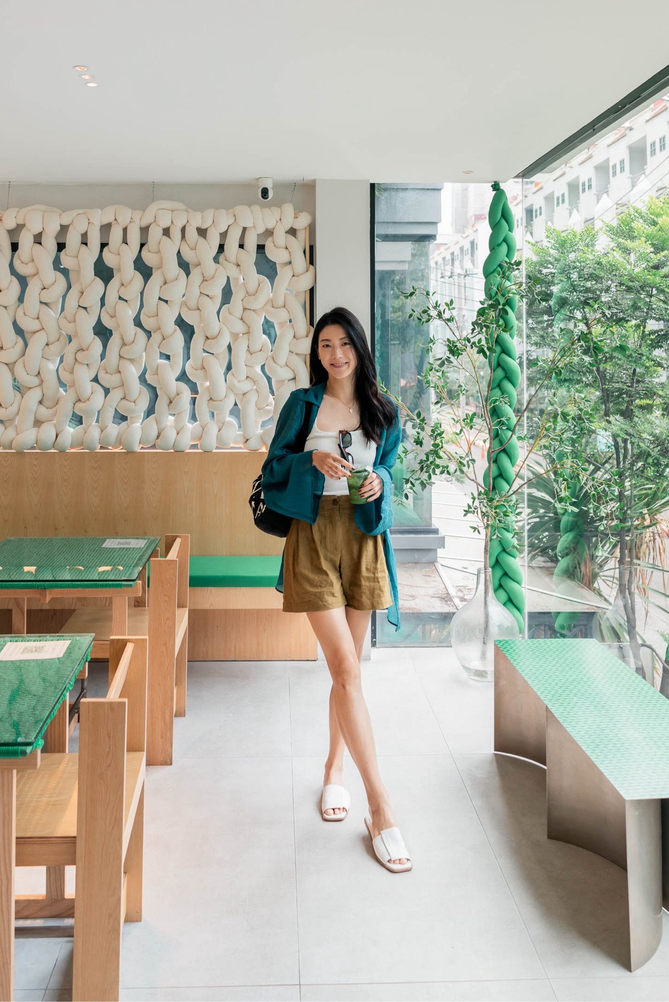 Resort vibes in green 💚 OOTD wearing the Gentlewoman black dumpling bag, Berlook malachite swim cover-up, white ribbed tank top, Massimo Dutti khaki linen shorts, white flat slides, Meller tortoiseshell sunglasses

#LTKstyletip #LTKasia