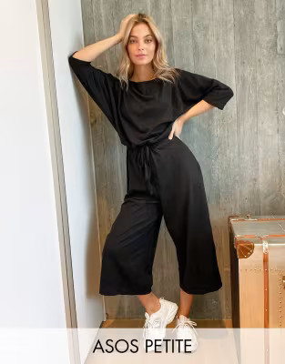 ASOS DESIGN petite tie waist slub jumpsuit in black | ASOS (Global)