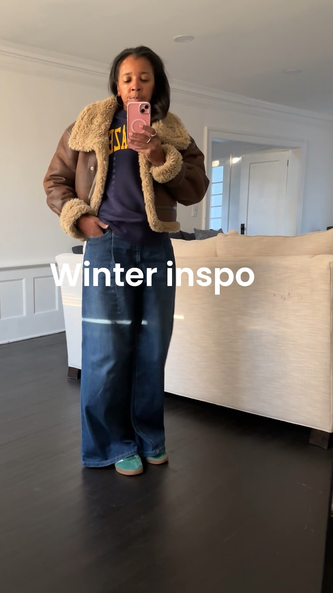 Winter coat outfit casual weekend denim jeans wide leg adidas gazelle faux shearling coat #LTKHoliday #style #fashion #sale #coat #winter #casual #outfit Black Friday sale 

#LTKGiftGuide #LTKCyberWeek #LTKootd