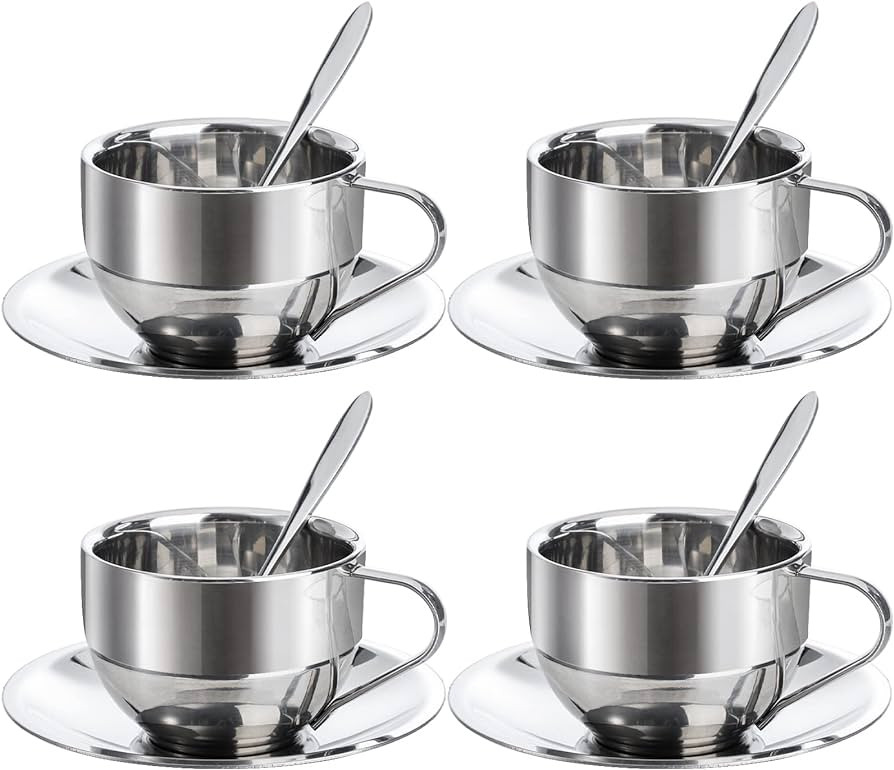 Okllen 4 Pack Stainless Steel Coffee Cup Set, 6 Oz Coffee Mugs with Spoon and Saucer, Double Wall... | Amazon (US)