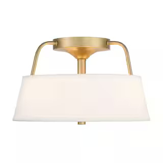 Hampton Bay Heatherwood 14 in. 3-Light Vintage Gold Semi-Flush Mount with Fabric Drum Shade and G... | The Home Depot