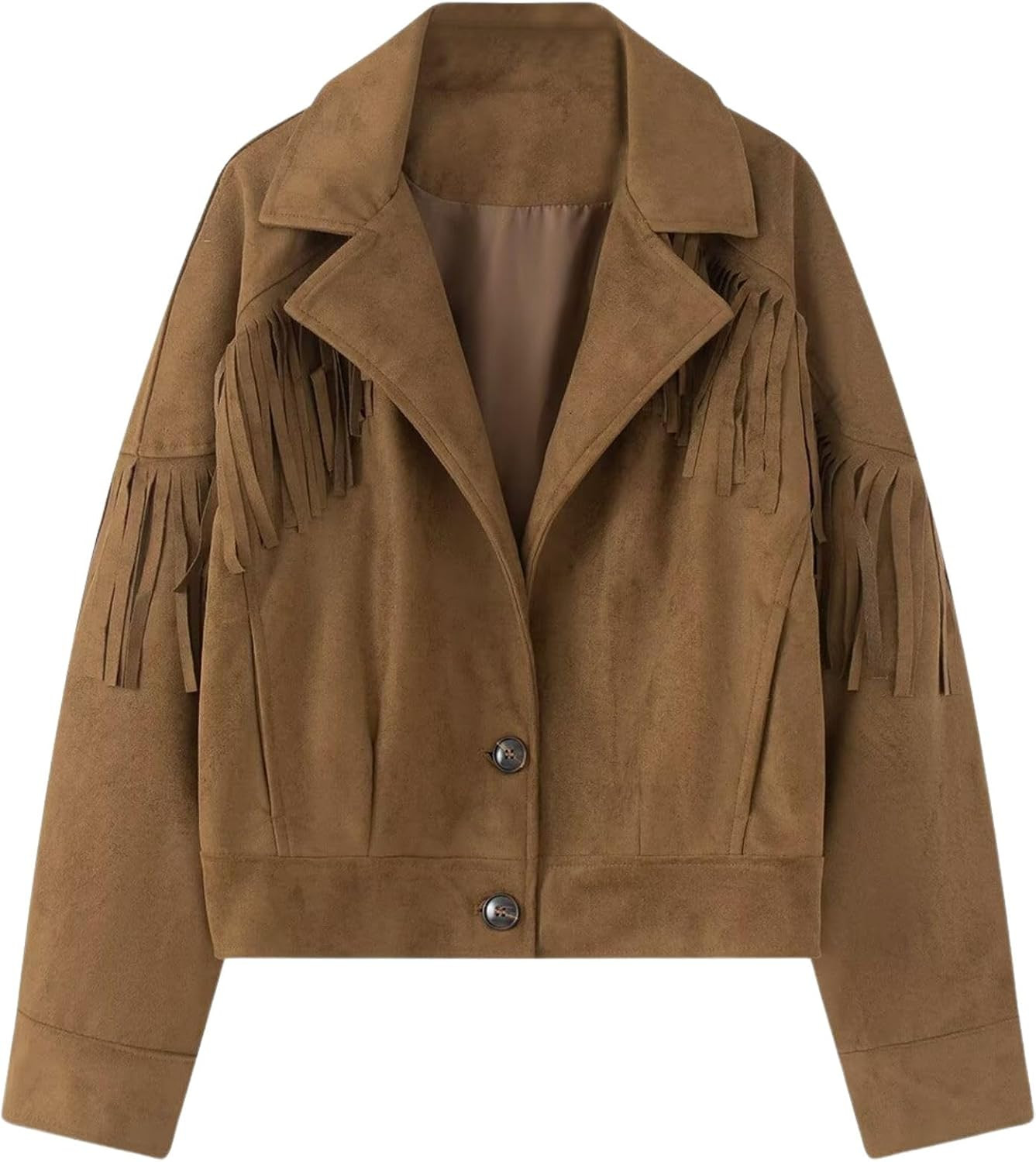 Chevara Women’s Fringe Faux Suede Jacket Vintage Lapel Collar Moto Coat Long Sleeve Button Down Crop Tassel Outerwear | Amazon (US)