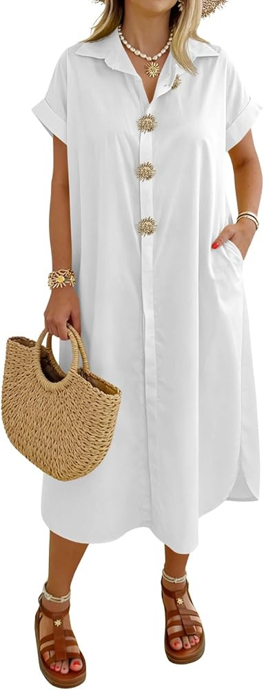 Wenrine Womens Summer Shirt Dress Casual Short Sleeve Button Maxi Dresses Beach Cover Up with Poc... | Amazon (US)