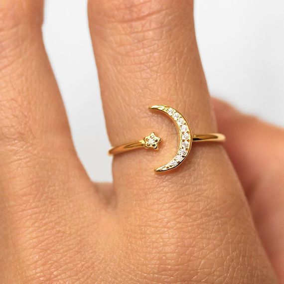 Moon & Star Rings For Women • dainty ring • moon star ring • minimalist ring • celestial ... | Etsy (US)