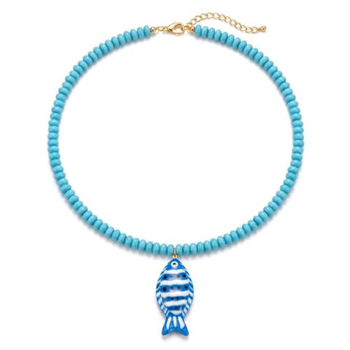IQPDYV Chunky Beaded Fish Necklace for Women Boho Fish Pendant Necklace Colorful Resin Beaded Necklaces Summer Beach Jewelry (D:Blue Necklace+Blue Fish) | Amazon (US)