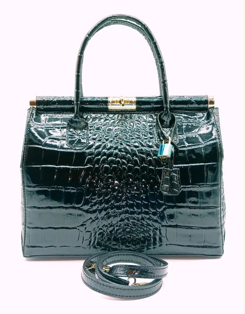 Italian Lock & Key Shiny Croc Embossed Genuine Leather Handbag Satchel – Made In Italy - Black | Etsy (US)