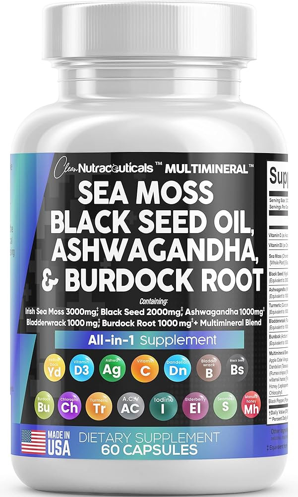 Sea Moss 3000mg Black Seed Oil 2000mg Ashwagandha 1000mg Turmeric 1000mg Bladderwrack 1000mg Burd... | Amazon (US)