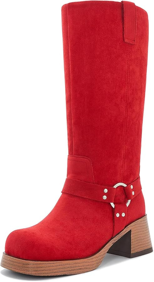 Women's Camel Suede Boots for Women Chunky Heel Square Toe Biker Boot with Buckle Strap Fashion M... | Amazon (US)
