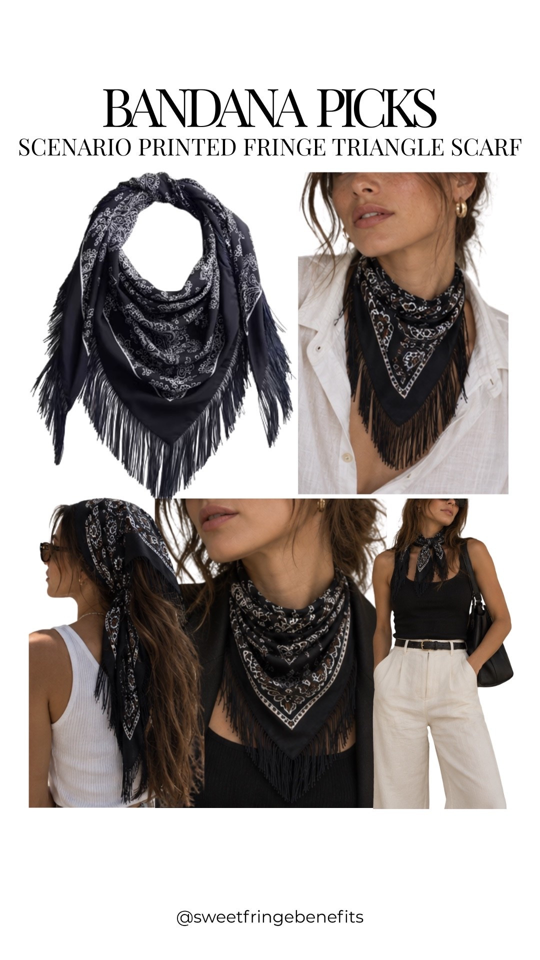 I have a soft spot for a good bandana, and this black fringe one has a little more attitude to it. Wear it at the neck, in your hair, or let the fringe do its thing with a simple outfit.

#LTKOver40 #LTKWorkwear #LTKTravel
