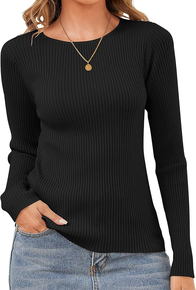 Womens Sweaters Pullover Long Sleeve Crewneck Shirts Ribbed Knit Sweater Slim Fitted Casual Jumpe... | Amazon (US)