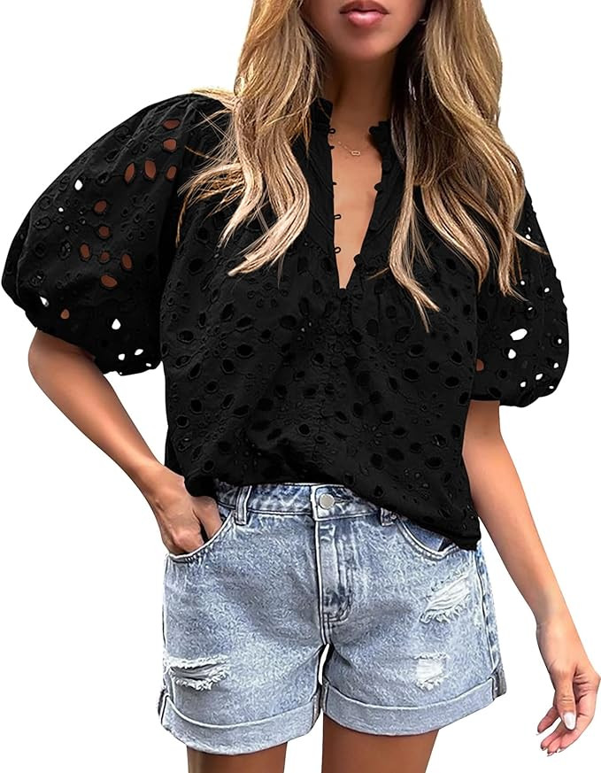 PRETTYGARDEN Women's Summer Tops 2025 Dressy Casual Short Sleeve V Neck Buttons Hollow Out Lace E... | Amazon (US)