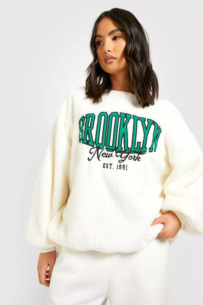 Brooklyn Embroidered Teddy Fleece Sweater | Boohoo.com (UK & IE)