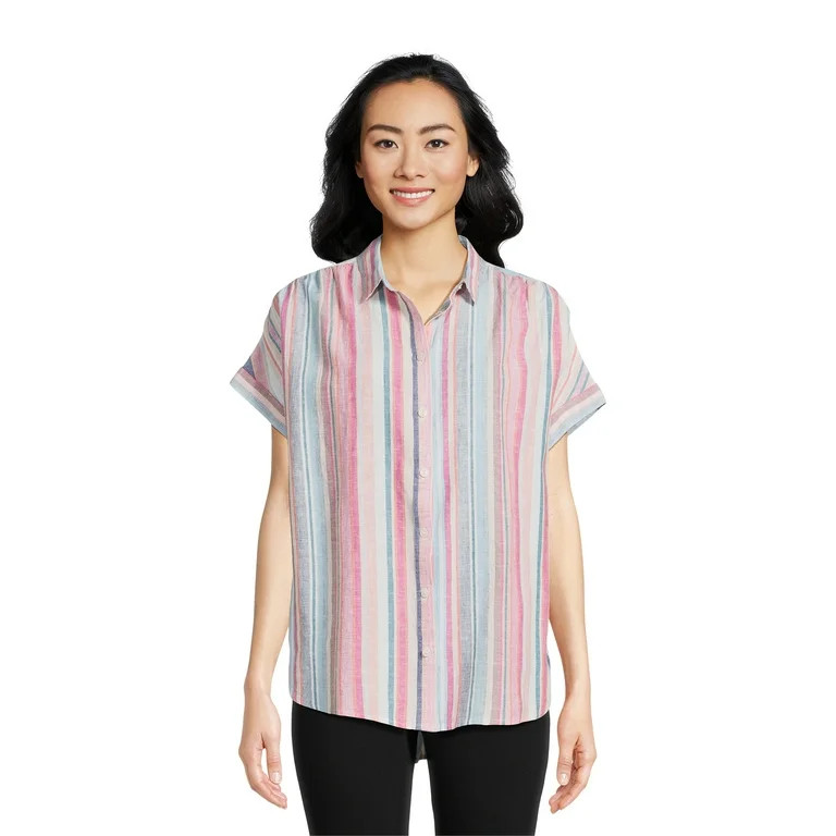 Time and Tru Women's Linen Blend Shirt with Roll Cuff Sleeves, Sizes S-XXXL | Walmart (US)
