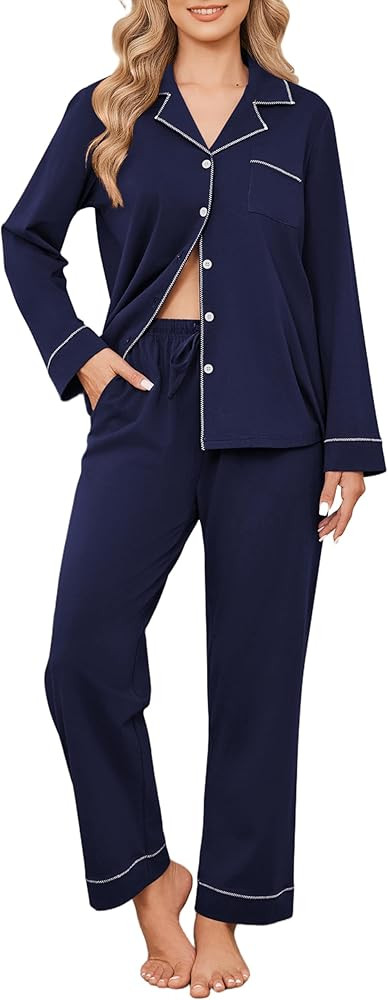 Ekouaer Womens Pajamas Set Cotton PJs Long Sleeve Sleepwear Button Down Tops and Pants 2 Piece Lo... | Amazon (US)