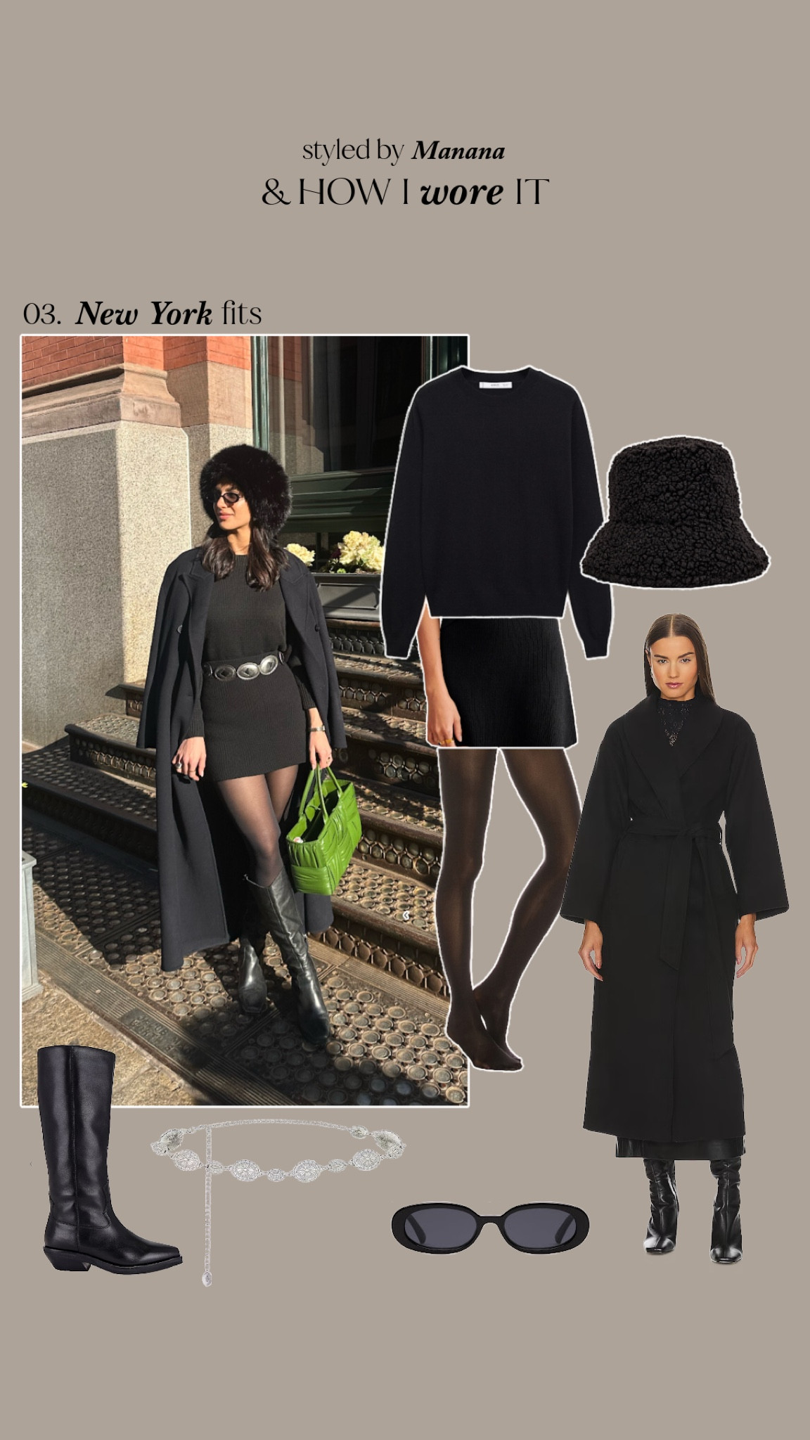 * linked similar items of once that are sold out * 

Skirt - size down
Coat - linked similar (original is Frankie Shop)
Sweater - medium 
Bucket hat - linked similar
Tights - medium 
Belt - linked similar 
Boots - true to size  