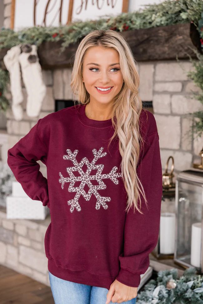 Animal Print Snowflake Graphic Maroon Sweatshirt | The Pink Lily Boutique