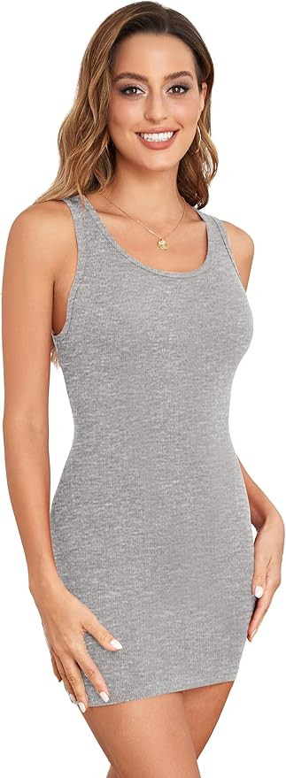 Women's Mini Dress Summer Tank Dress Ribbed Crew Neck Sleeveless Basic Bodycon Mini Dresses | Amazon (US)